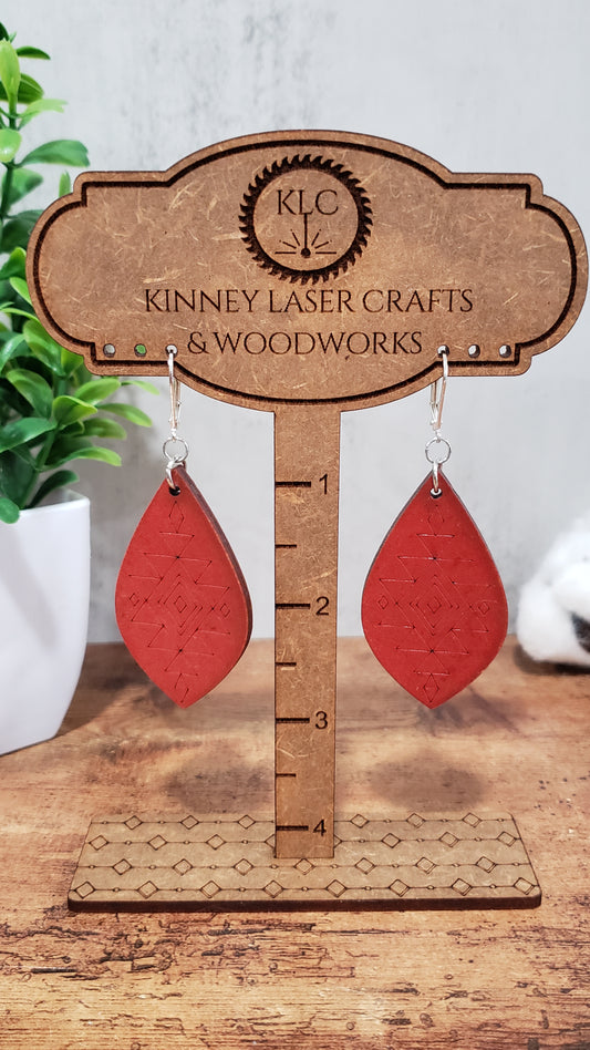 Laser Cut Wood Earrings - Aztec - Large - Teardrop - Red-Orange