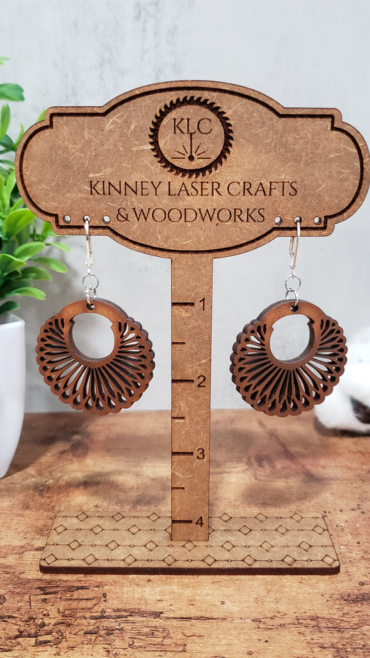 Laser Cut Wood Earrings - Lattice - Fan - Large - Brown