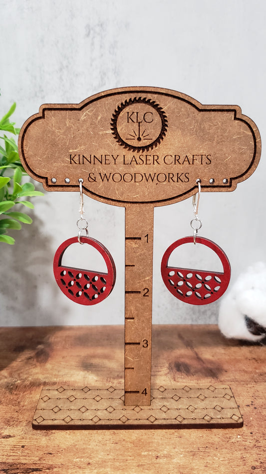 Laser Cut Wood Earrings - Lattice - Half Rounds - Large - Red