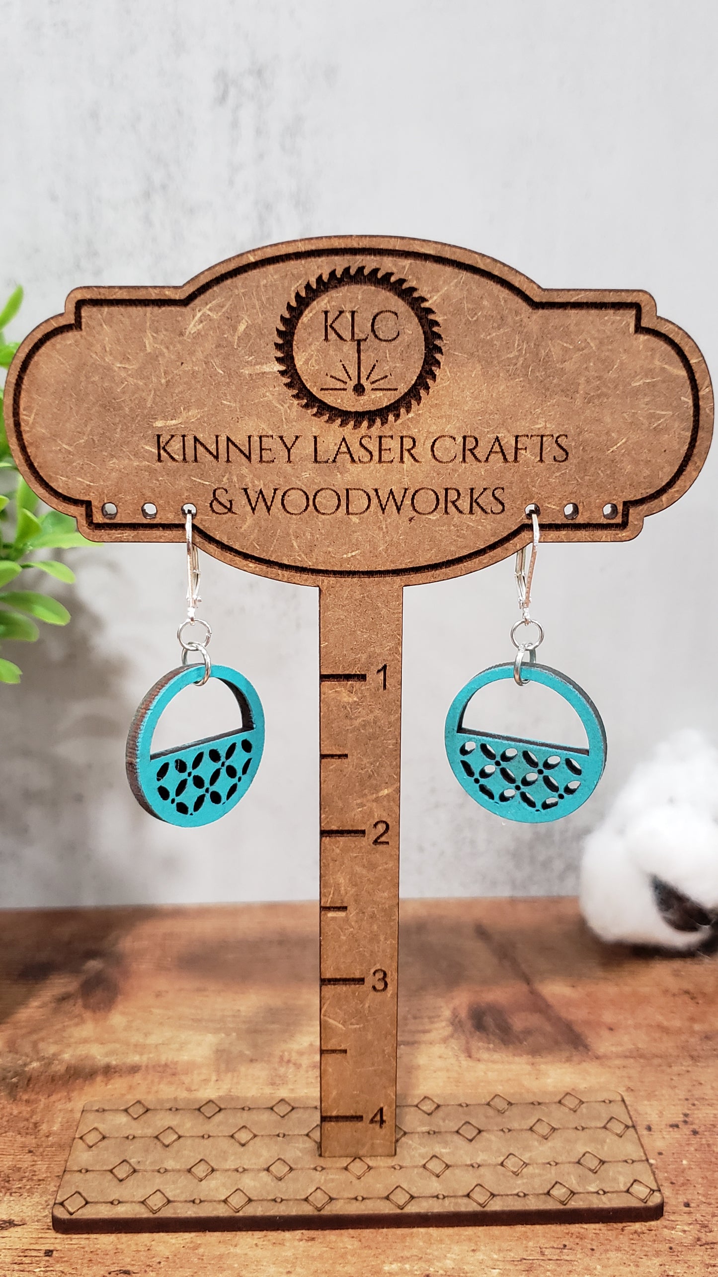 Laser Cut Wood Earrings - Lattice - Half Round - Medium - Teal