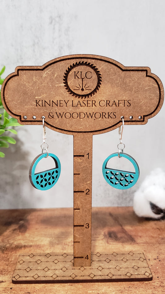 Laser Cut Wood Earrings - Lattice - Half Round - Medium - Teal