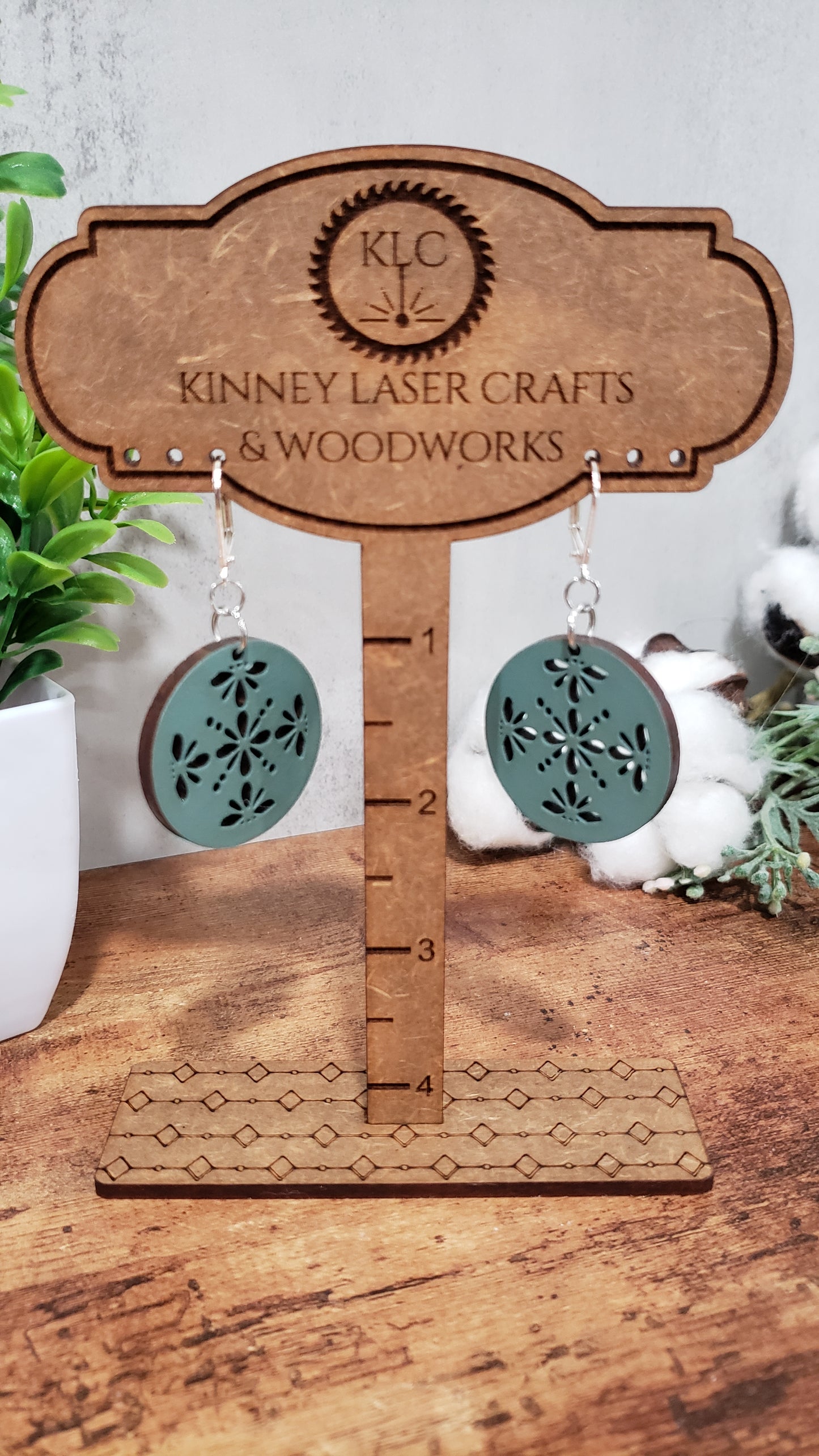 Laser Cut Wood Earrings - Boho - Medium - Round - Teal