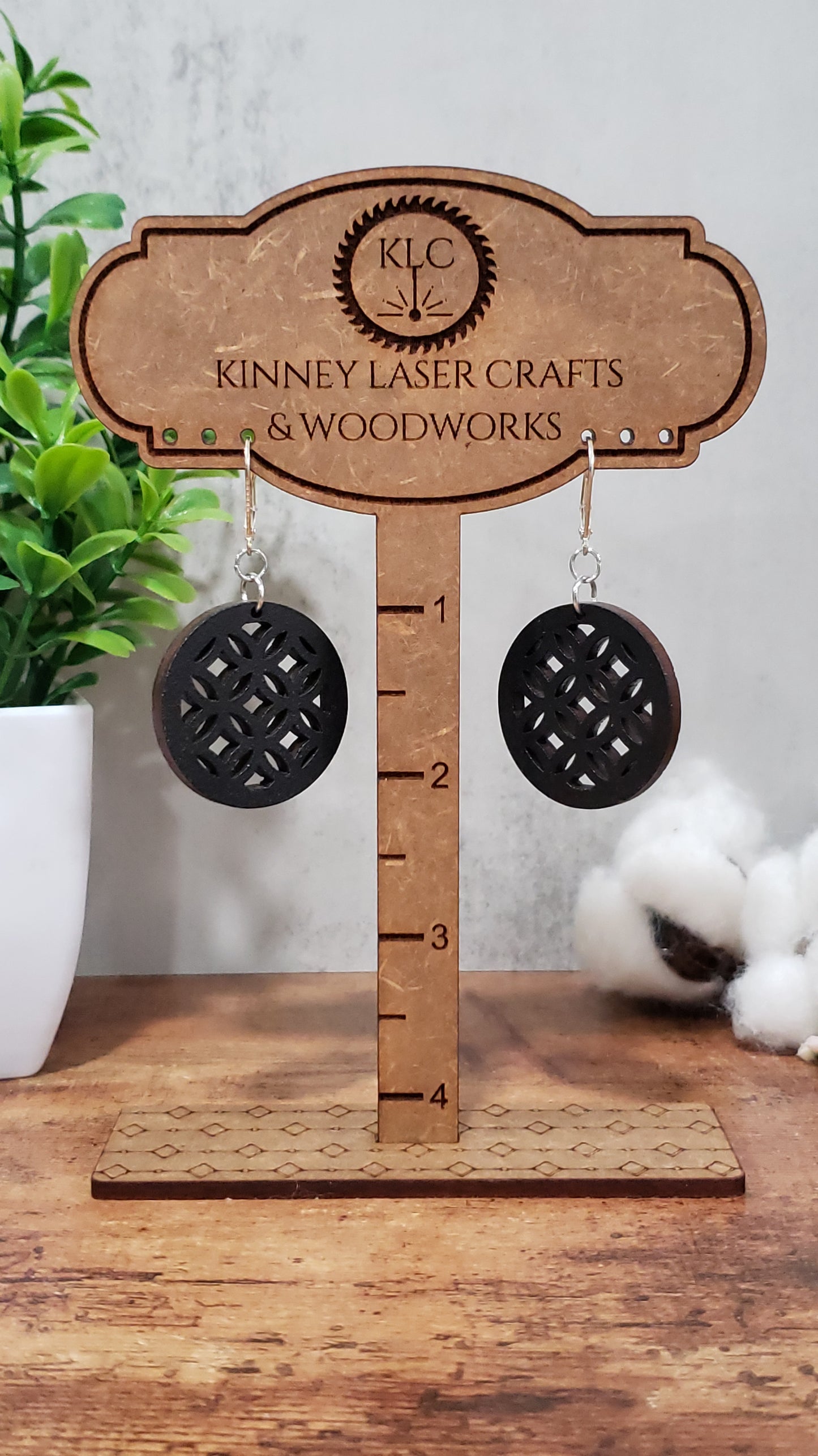 Laser Cut Wood Earrings - Lattice - Medium - Round - Black