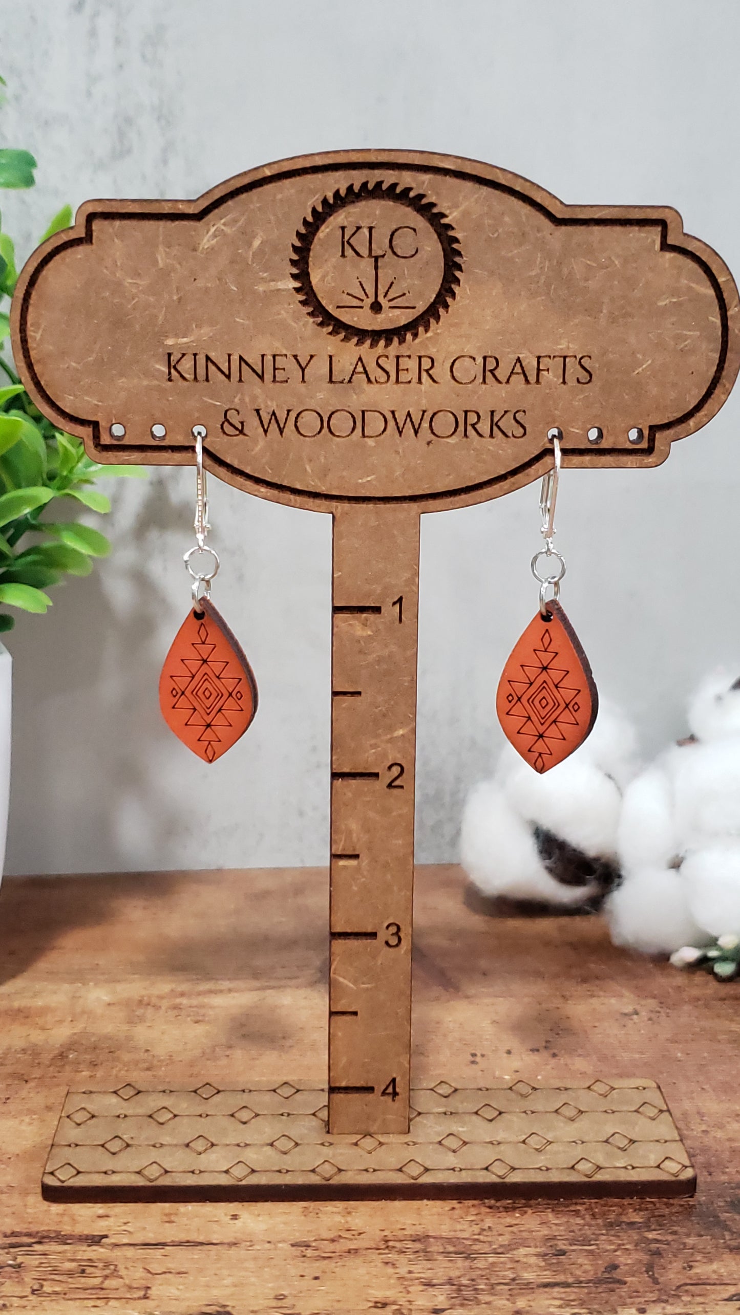 Laser Cut Wood Earrings - Aztec - Small - Teardrop - Red-Orange