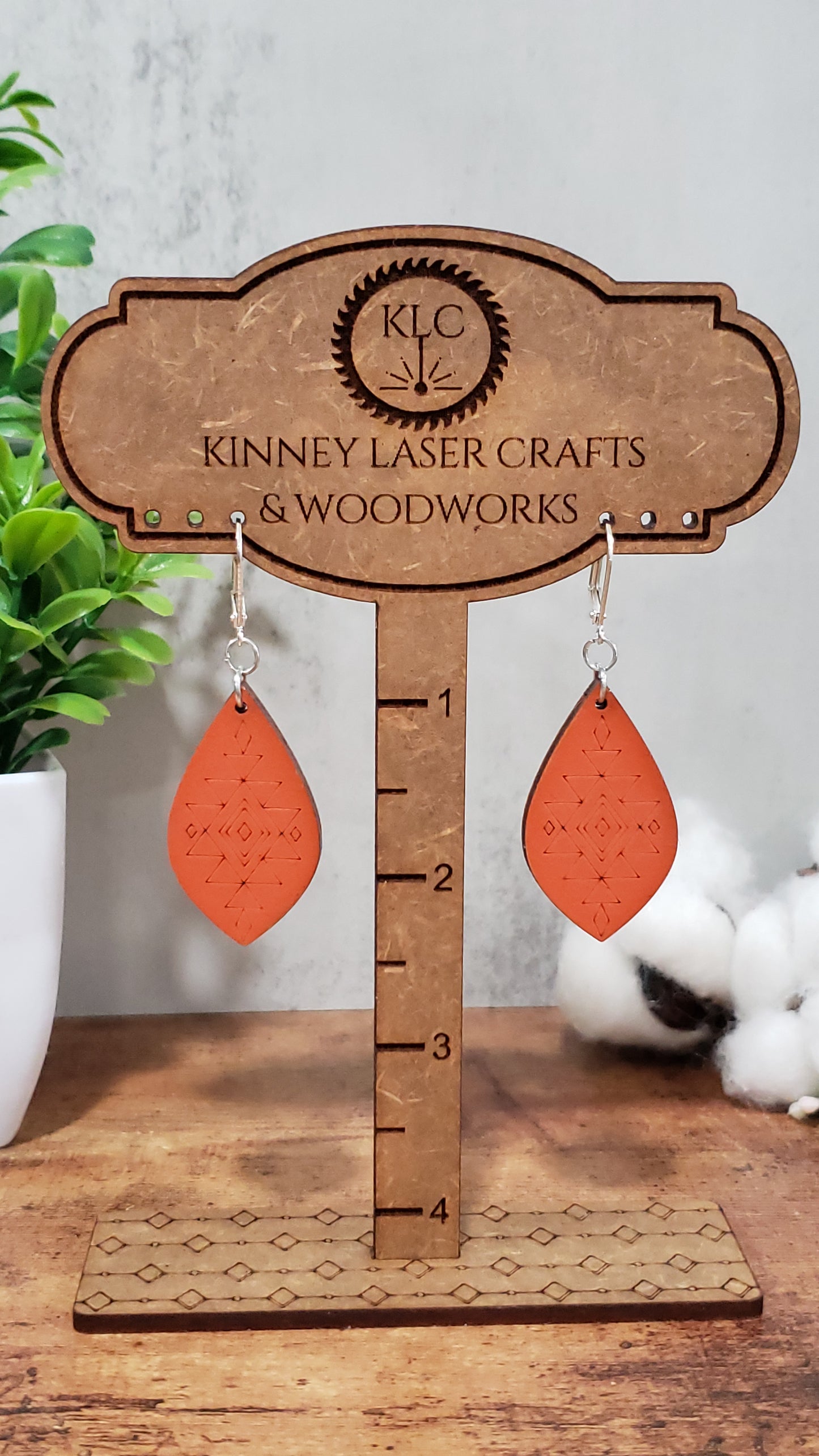 Laser Cut Wood Earrings - Aztec - Medium - Teardrop - Red-Orange