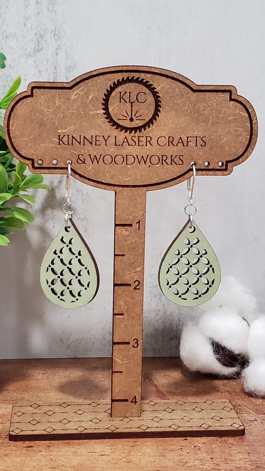 Laser Cut Wood Earrings - Lattice - Medium - Teardrop - Sage