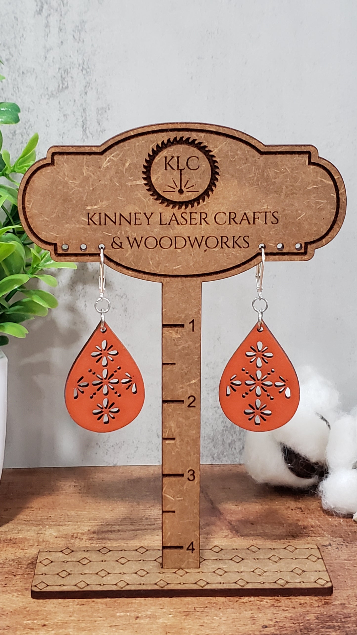 Laser Cut Wood Earrings - Boho - Large - Teardrop - Red-Orange