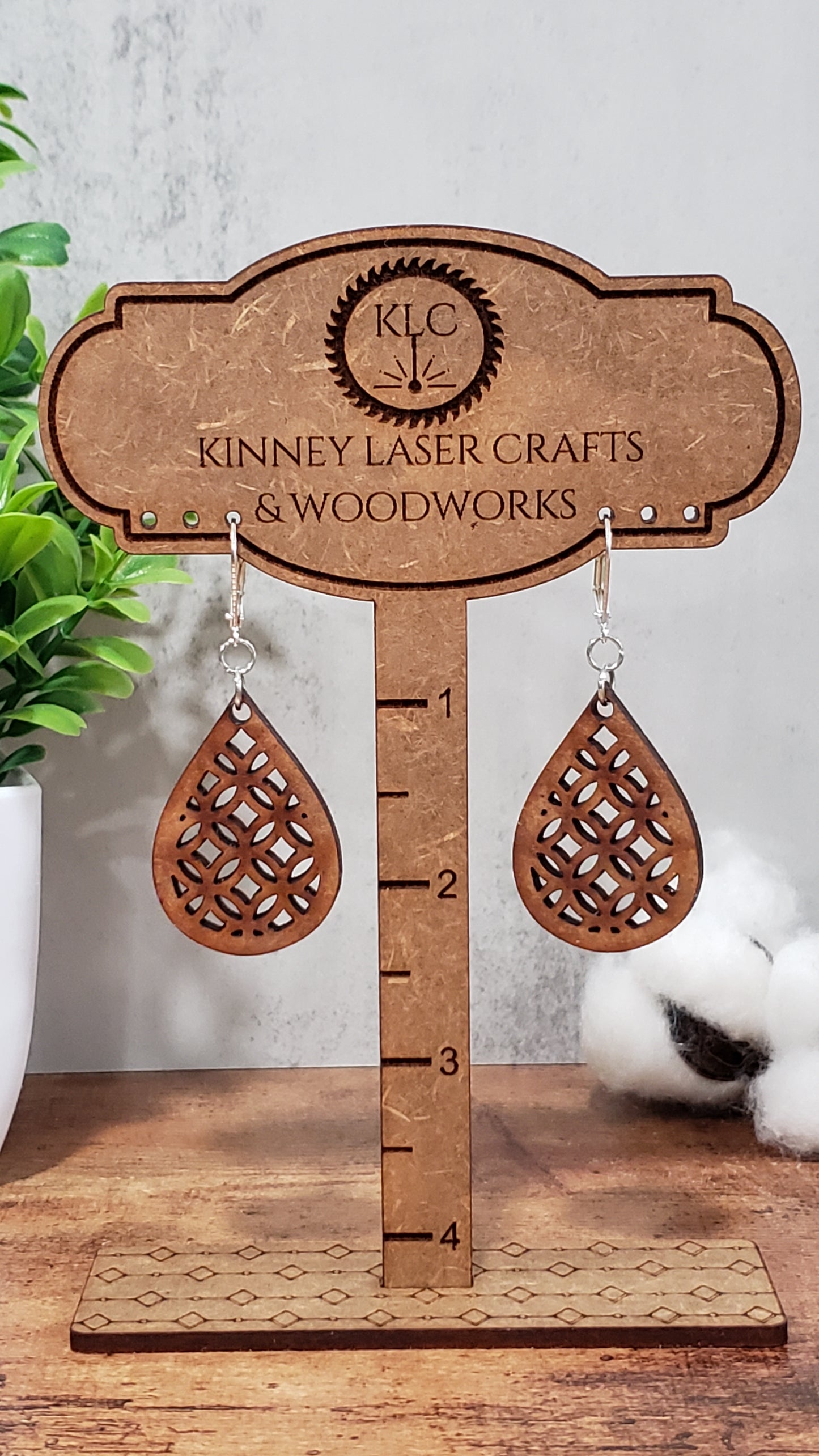 Laser Cut Wood Earrings - Lattice - Large - Teardrop - Natural