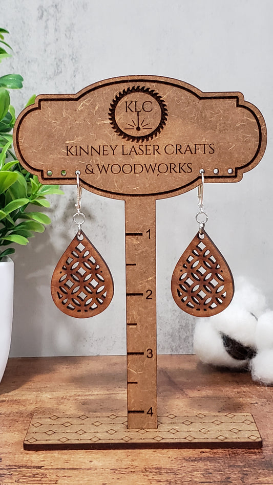 Laser Cut Wood Earrings - Lattice - Large - Teardrop - Natural