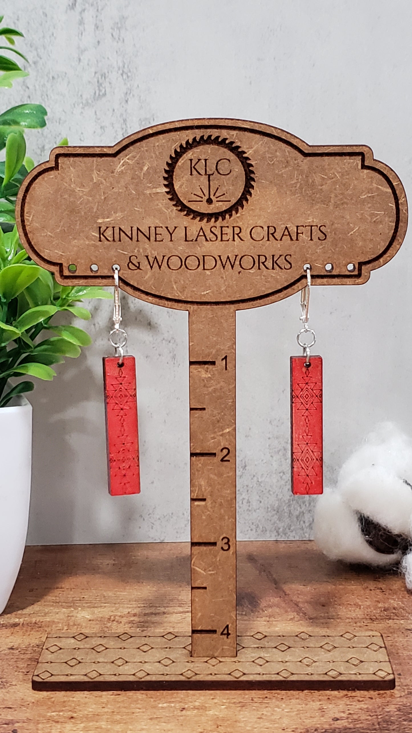 Laser Cut Wood Earrings - Aztec - Medium - Rectangle - Red-Orange