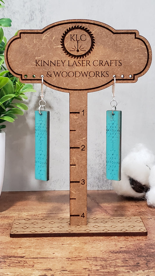 Laser Cut Wood Earrings - Aztec - Large - Rectangle - Teal