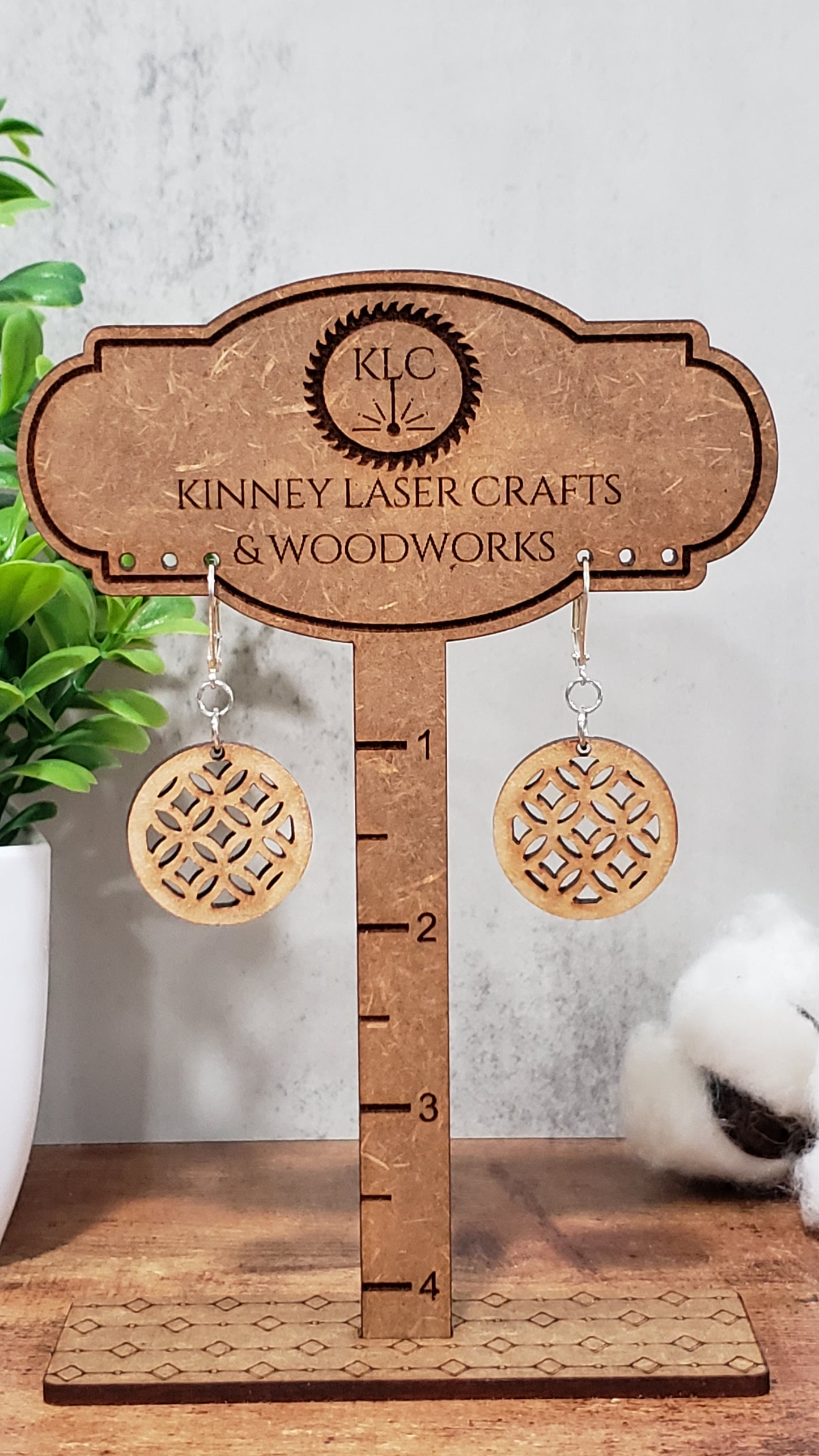 Laser Cut Wood Earrings - Lattice - Small - Round - Natural