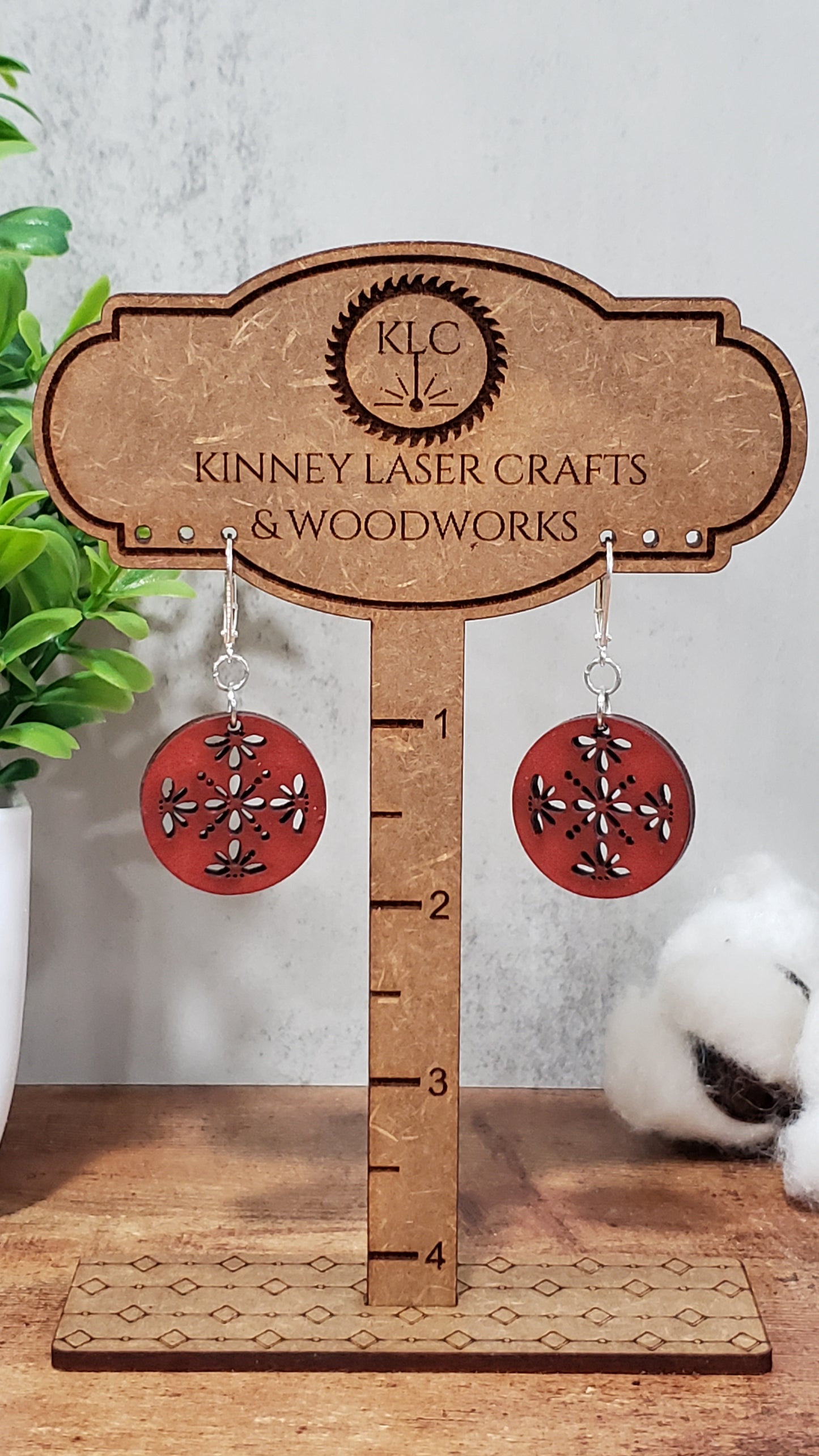 Laser Cut Wood Earrings - Boho - Small - Round - Red