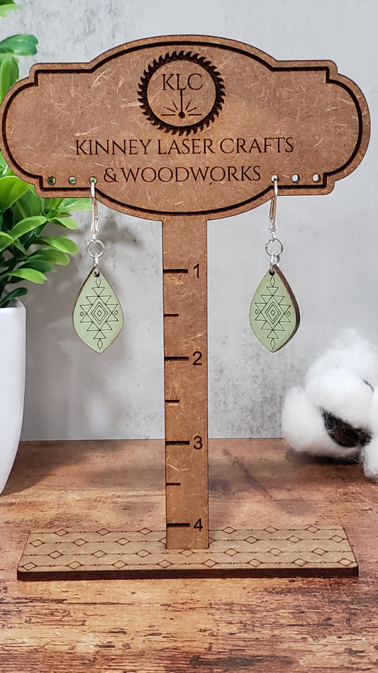 Laser Cut Wood Earrings - Aztec - Small - Teardrop - Sage