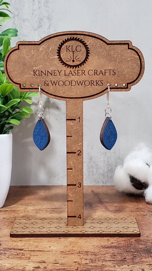 Laser Cut Wood Earrings - Aztec - Small - Teardrop - Blue