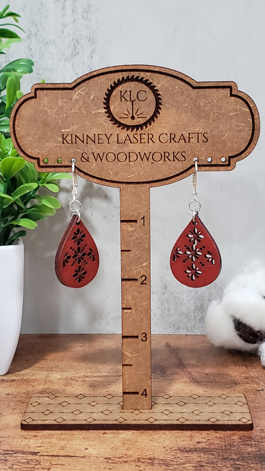 Laser Cut Wood Earrings - Boho - Medium - Teardrop - Red-Orange
