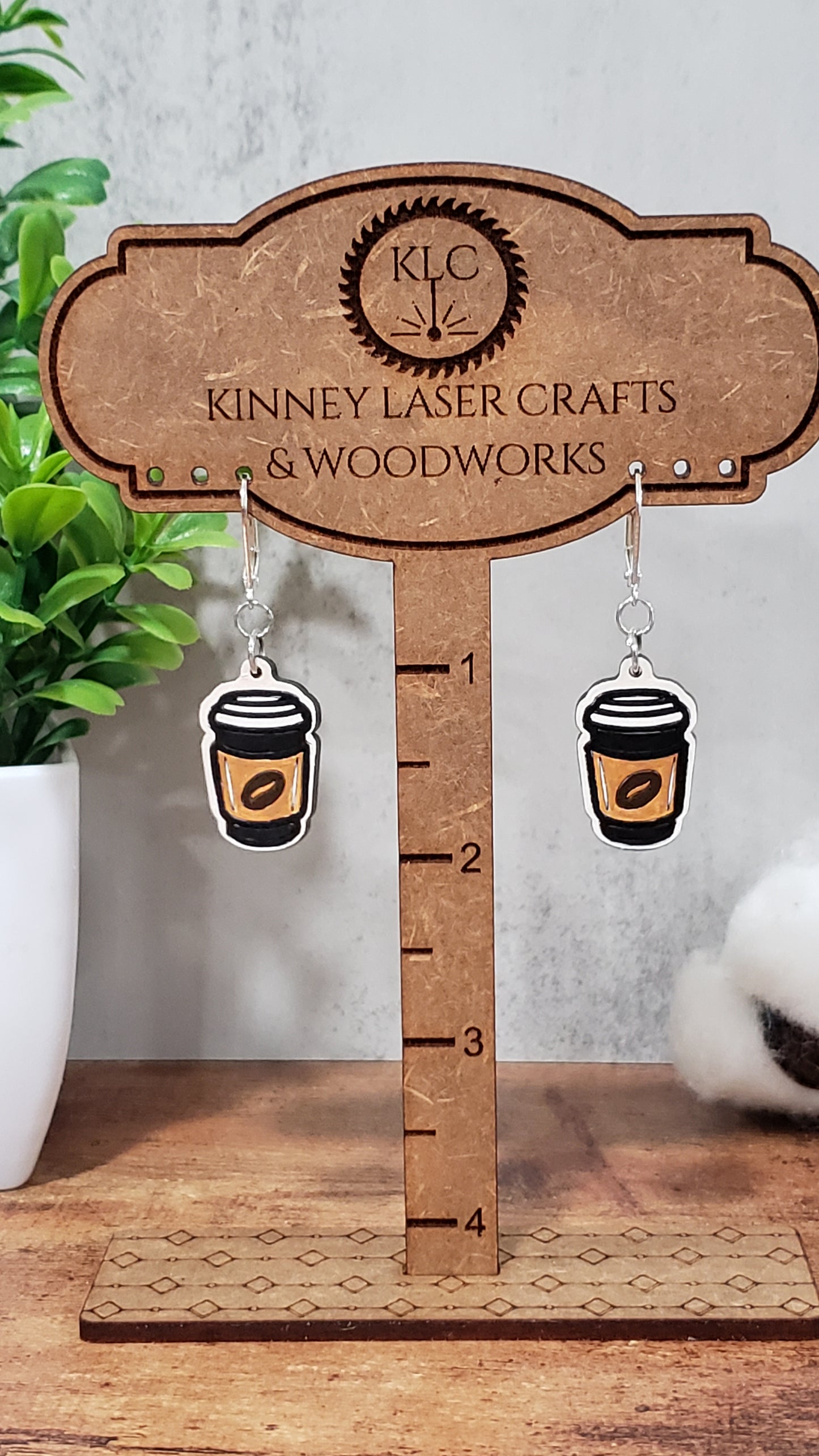 Laser Cut Wood Earrings - Coffee Cup - Coffee Bean