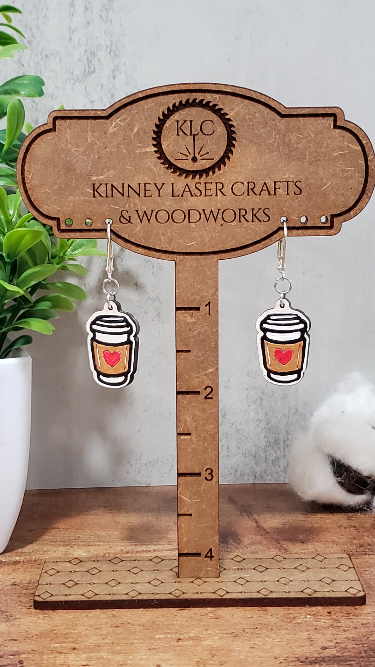 Laser Cut Wood Earrings - Coffee Cup - Heart Sleeve
