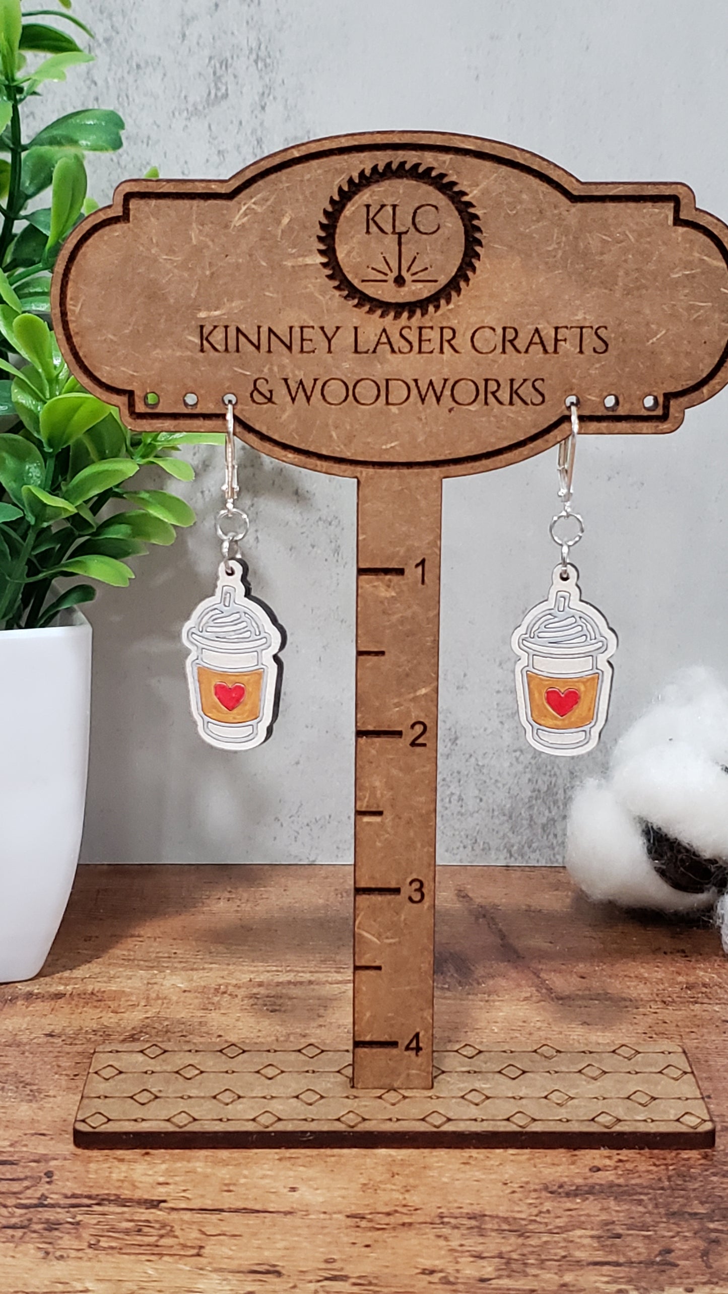 Laser Cut Wood Earrings - Coffee Cup - Heart Sleeve - Whip