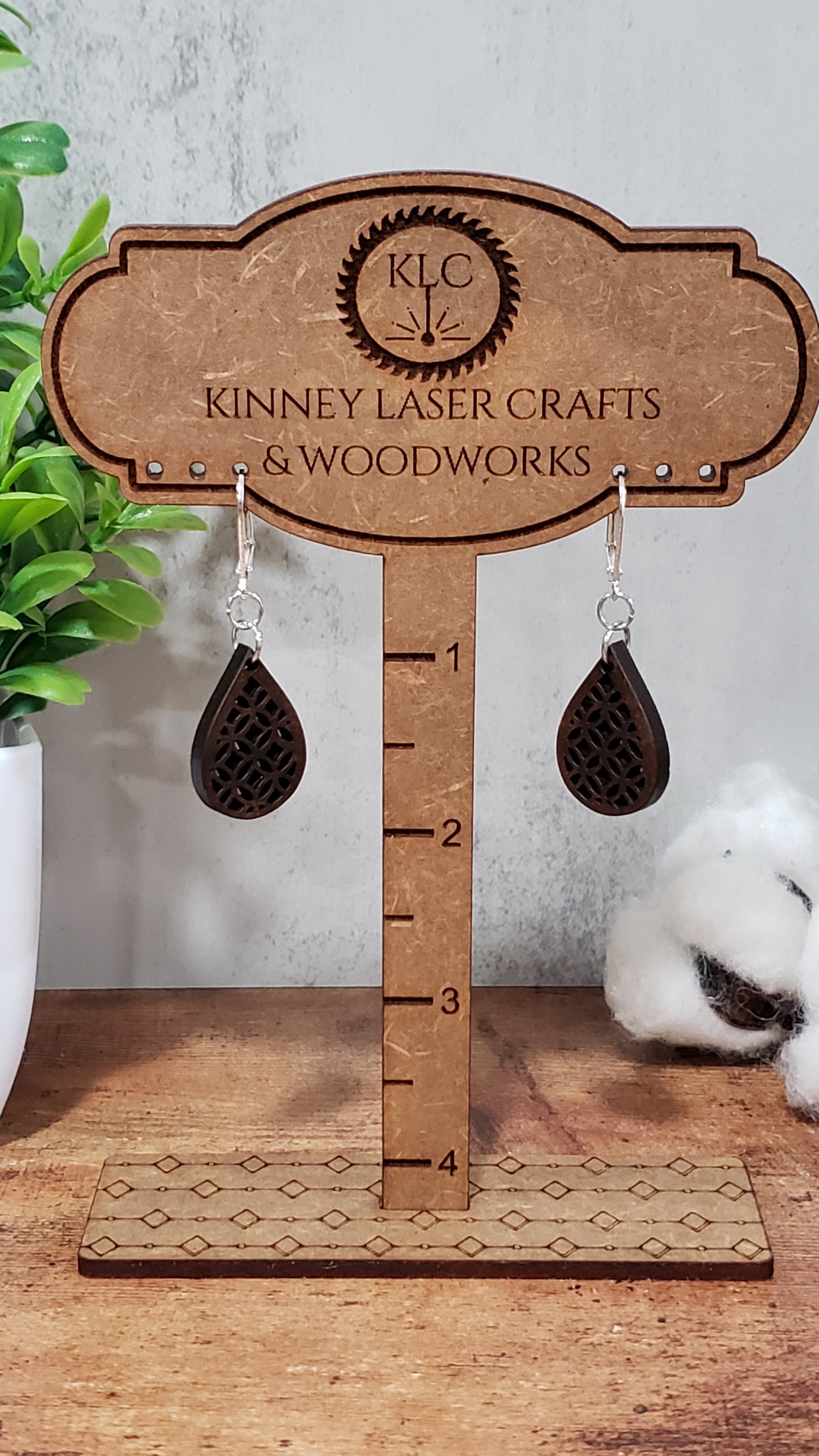 Laser Cut Wood Earrings - Lattice - Small - Teardrop - Brown