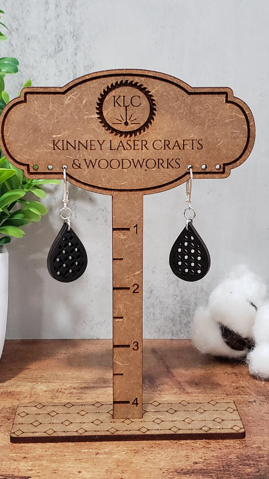 Laser Cut Wood Earrings - Lattice - Small - Teardrop - Black