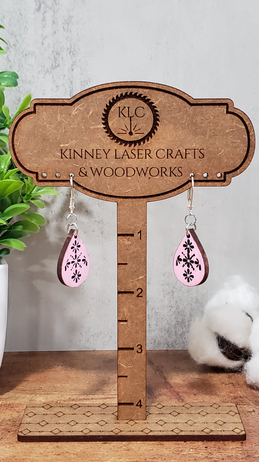 Laser Cut Wood Earrings - Boho - Small - Teardrop - Pink