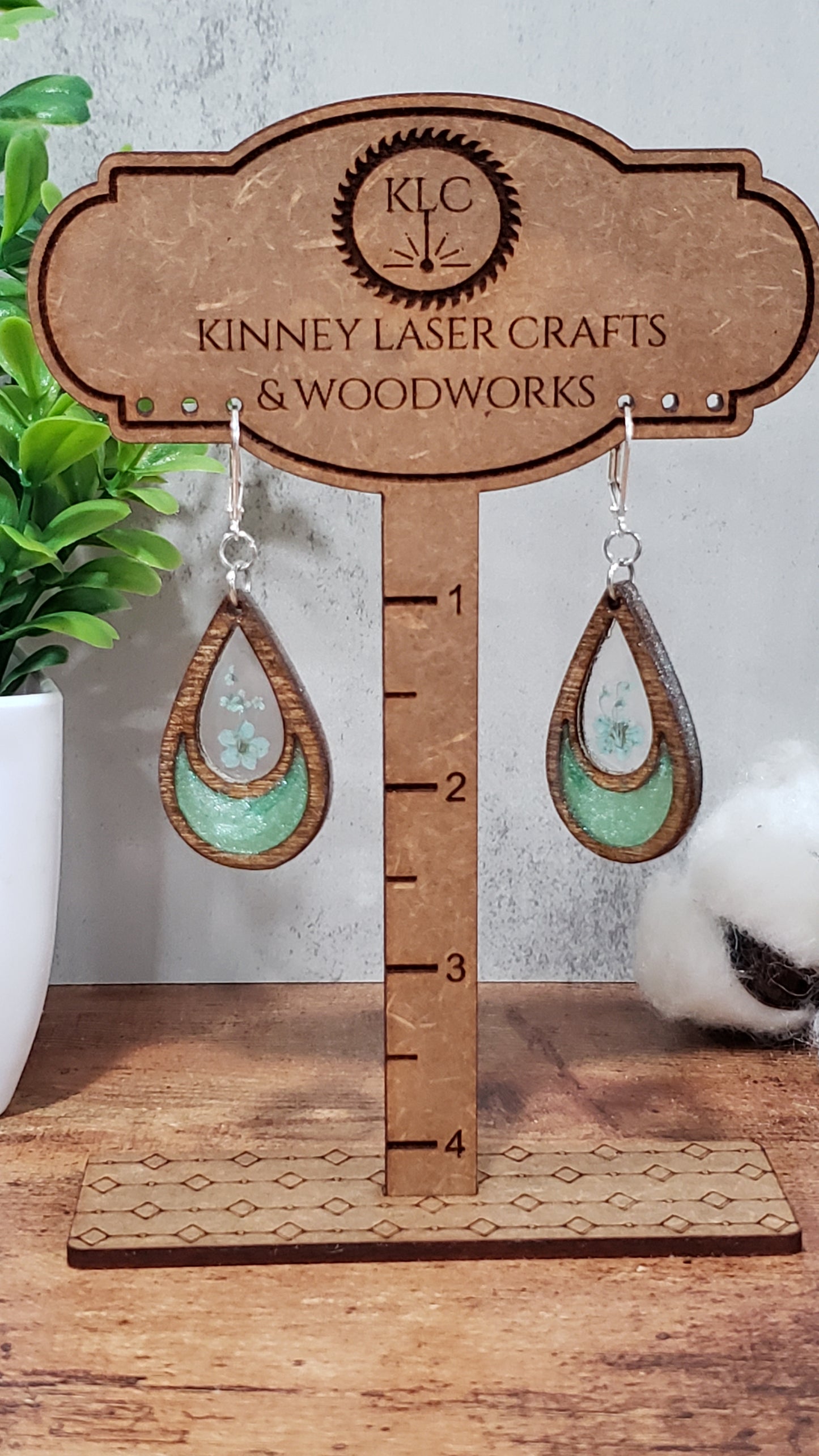Laser Cut Wood Earrings with Resin - Boho - Large - Teardrop - Seafoam