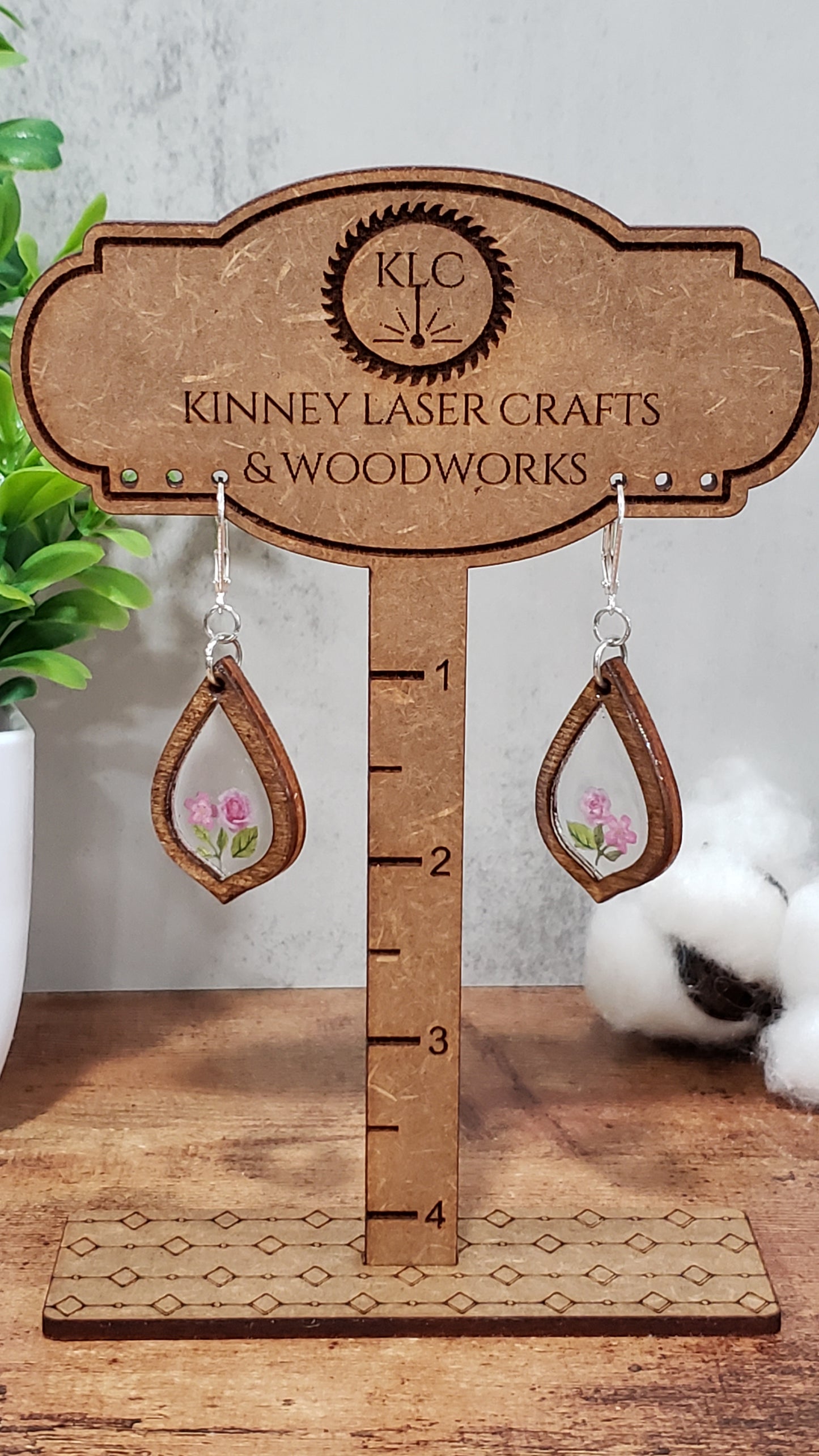 Laser Cut Wood Earrings with Resin - Boho - Medium - Teardrop - Pink Flowers