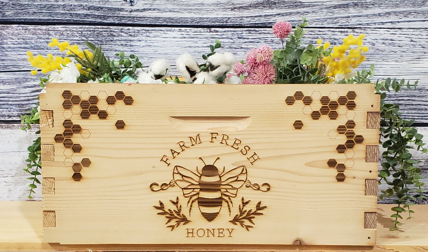 14 X 20 X 9.5 Laser Engraved Bee Box Raw Wood Planter Box - Farm Fresh Honey - LOCAL ONLY