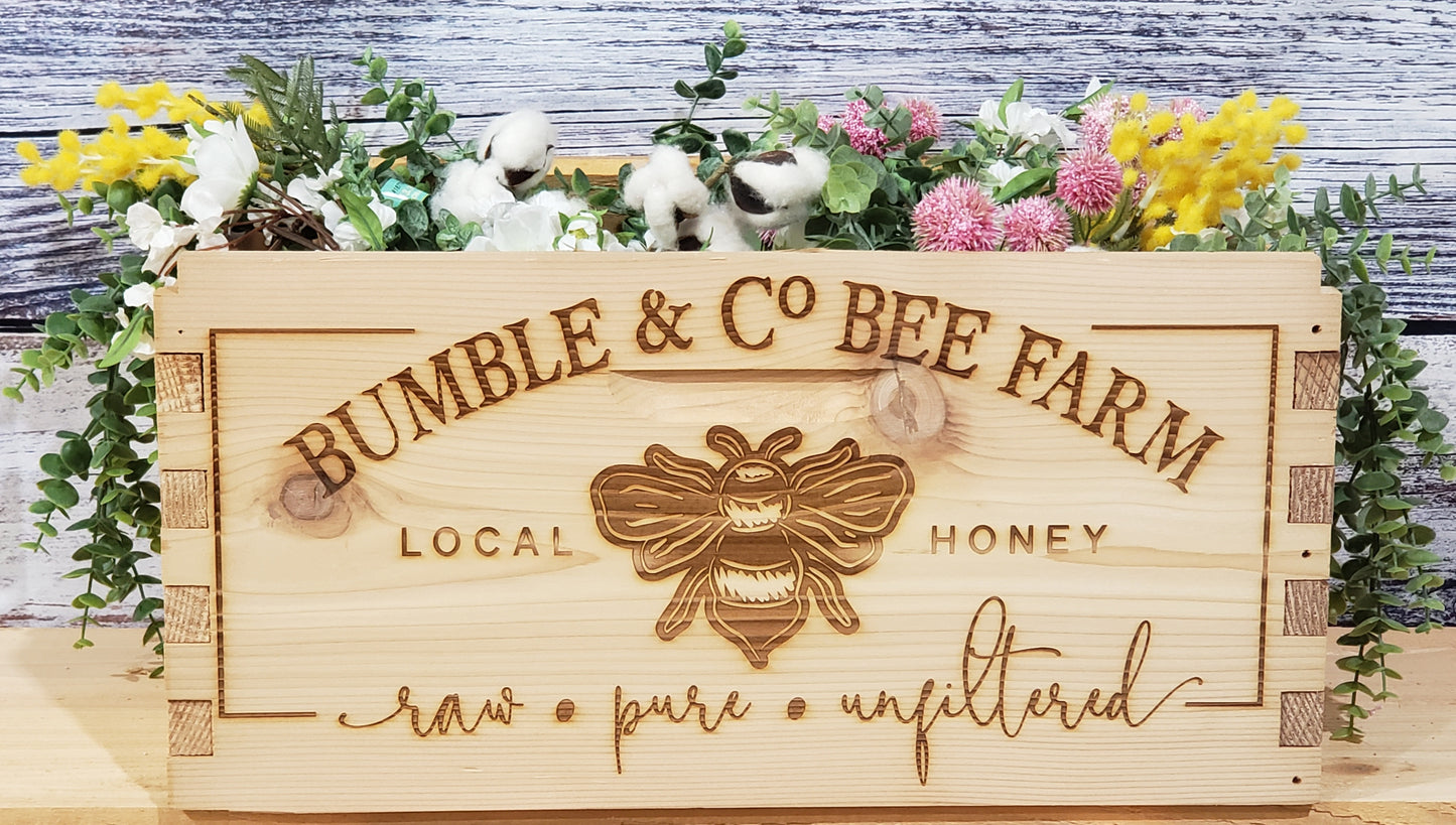 14 X 20 X 9.5 Laser Engraved Bee Box Raw Wood Planter Box - Bumble & Co - LOCAL ONLY