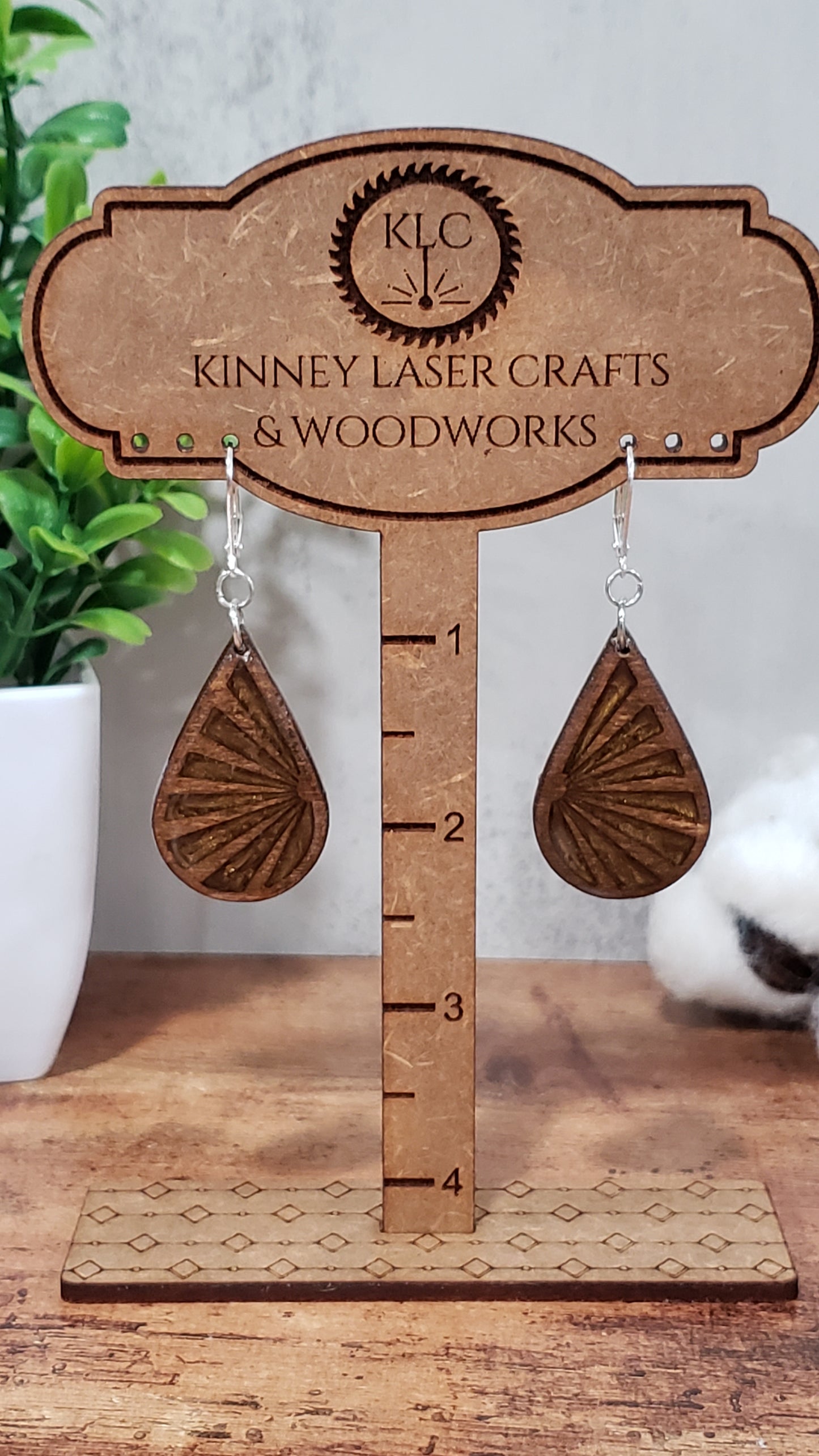 Laser Cut Wood Earrings with Resin - Sunburst - Large - Teardrop - Natural & Copper