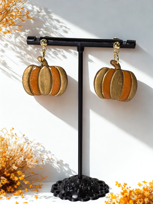 Polymer Clay Earrings - Medium Two-Tone Pumpkin Dangles