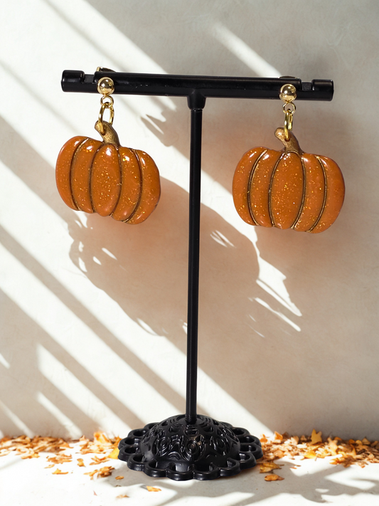 Polymer Clay Earrings - Medium Pumpkin Dangles with Gold and Glitter