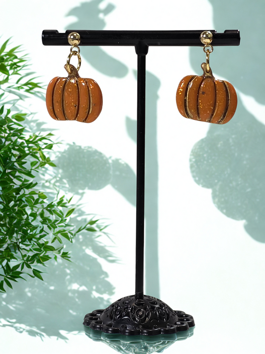 Polymer Clay Earrings - Small Pumpkin Dangles w/Gold and glitter