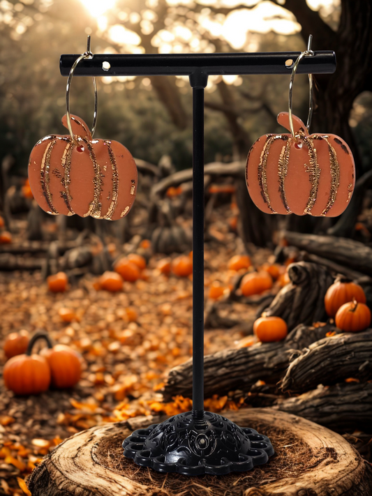 Polymer Clay Earrings - Large Hoop Dangle Pumpkins w/ Foil